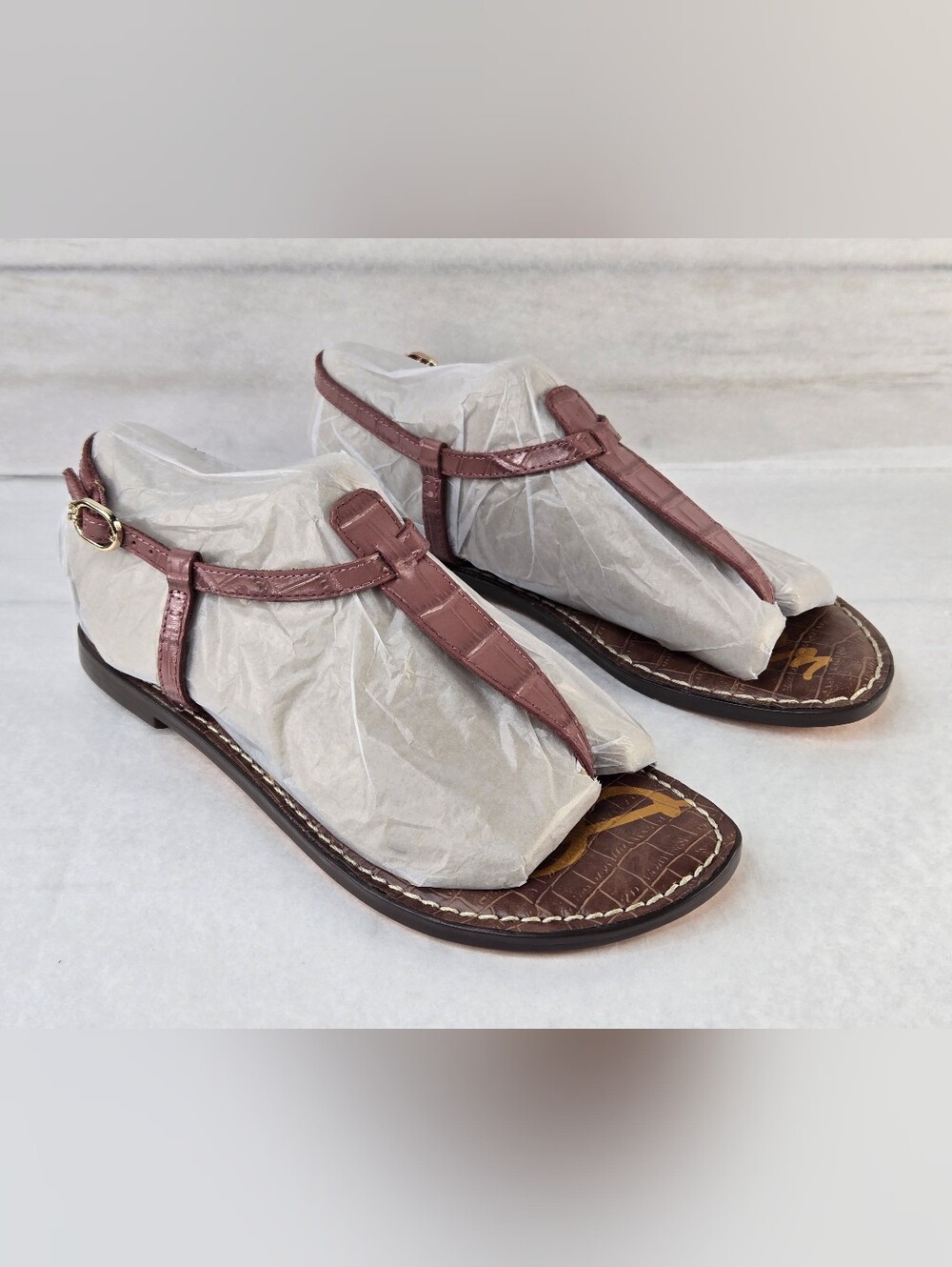 Sam Edelman Gigi Thong Sandals Mauve Leather Croc Embossed Print Women's Size 6